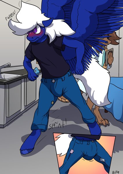 Size: 2480x3507 | Tagged: questionable, artist:mcsplosion, derpibooru import, oc, oc:play button, unofficial characters only, anthro, dragon, pegasus, unguligrade anthro, blushing, crotch bulge, embarrassed, high res, image, imminent wardrobe malfunction, jpeg, male, mobile phone, phone, smartphone, spread wings, walking, wingboner, wings