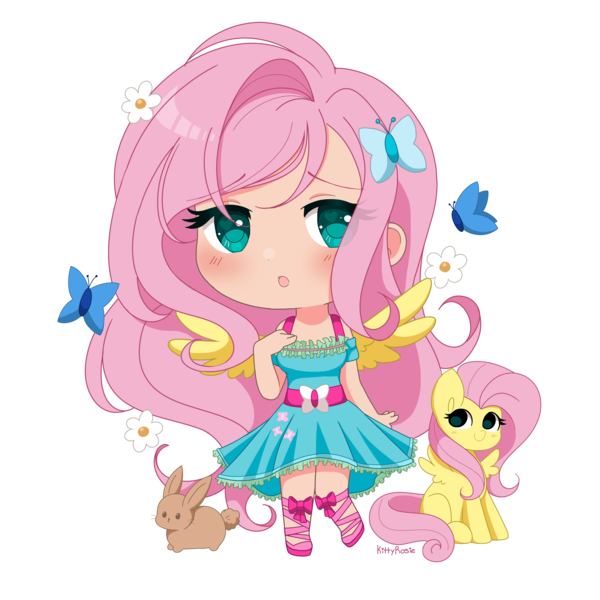 Size: 5000x5000 | Tagged: safe, artist:kittyrosie, derpibooru import, kotobukiya, fluttershy, butterfly, human, insect, pegasus, pony, rabbit, g4, animal, belt, belt buckle, blush lines, blushing, bowtie, butterfly hairpin, chibi, clothes, cute, cutie mark, cutie mark on clothes, dress, eye clipping through hair, eyebrows visible through hair, eyelashes, flower, happy, heart eyes, human ponidox, image, kotobukiya fluttershy, light skin, no catchlights, open mouth, png, raised leg, self ponidox, shyabetes, signature, simple background, sitting, smiling, spread wings, transparent background, wingding eyes, wings