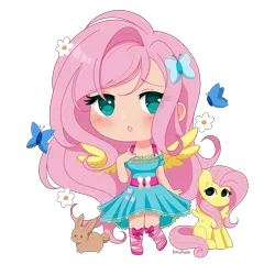 Size: 5000x5000 | Tagged: safe, artist:kittyrosie, derpibooru import, kotobukiya, fluttershy, butterfly, human, insect, pegasus, pony, rabbit, g4, animal, belt, belt buckle, blush lines, blushing, bowtie, butterfly hairpin, chibi, clothes, cute, cutie mark, cutie mark on clothes, dress, eye clipping through hair, eyebrows visible through hair, eyelashes, flower, happy, heart eyes, human ponidox, image, kotobukiya fluttershy, light skin, no catchlights, open mouth, png, raised leg, self ponidox, shyabetes, signature, simple background, sitting, smiling, spread wings, transparent background, wingding eyes, wings