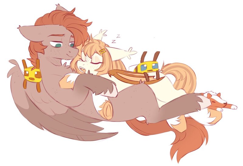 Size: 1147x786 | Tagged: safe, artist:cheekipone, ponerpics import, oc, oc:honey milk, oc:jarvis yarbrough, unofficial characters only, bat pony, pegasus, pony, bat pony oc, bat wings, cuddling, drool, duo male and female, ear tufts, eyes closed, female, floppy ears, hoof heart, image, jpeg, lying on top of someone, male, mare, minecraft bee, on back, onomatopoeia, pegasus oc, plushie, simple background, sleeping, snoring, sound effects, stallion, teeth, underhoof, unshorn fetlocks, white background, wings, zzz