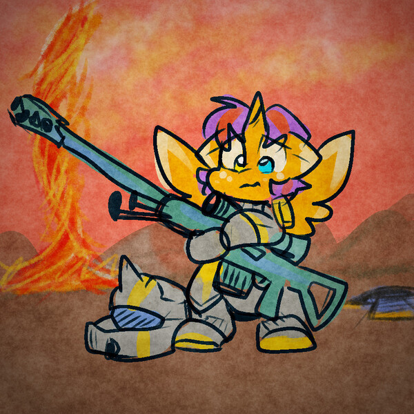 Size: 900x900 | Tagged: safe, artist:zutcha, derpibooru import, oc, unofficial characters only, alicorn, pony, armor, bipedal, fire, floppy ears, freckles, gun, helldivers 2, helmet, heterochromia, image, jpeg, male, rifle, sniper rifle, solo, stallion, tornado, weapon