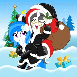 Size: 5000x5000 | Tagged: safe, artist:jhayarr23, derpibooru import, oc, oc:red rocket, oc:winter white, pegasus, unicorn, boots, christmas, christmas tree, clothes, costume, gloves, hat, holiday, horn, image, latex, mistleholly, pegasus oc, png, present, santa costume, santa hat, shoes, snow, tree, unicorn oc, wings