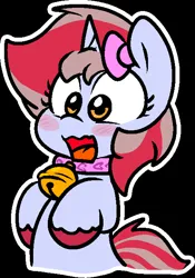 Size: 457x652 | Tagged: safe, artist:zutcha, derpibooru import, oc, oc:cinnamon lightning, unofficial characters only, pony, unicorn, bell, bell collar, black background, blush lines, blush sticker, blushing, bow, bust, collar, female, hair bow, horn, image, jpeg, mare, open mouth, open smile, outline, simple background, smiling, solo, unshorn fetlocks, white outline