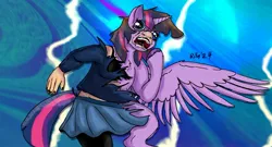 Size: 2065x1115 | Tagged: safe, artist:mcsplosion, derpibooru import, twilight sparkle, twilight sparkle (alicorn), alicorn, human, pony, faic, human to pony, image, jpeg, pudding face, screaming, solo, transformation