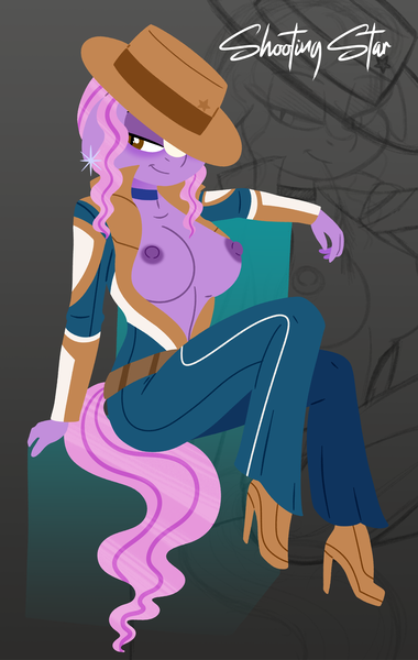 Size: 4500x7113 | Tagged: questionable, artist:bearmation, derpibooru import, oc, oc:shooting star, anthro, bat eyes, belt, breasts, choker, clothes, commissioner:dhs, cowboy hat, ear piercing, earring, facial markings, hat, high heels, image, jacket, jewelry, pants, piercing, pinup, png, shoes, simple background, sitting