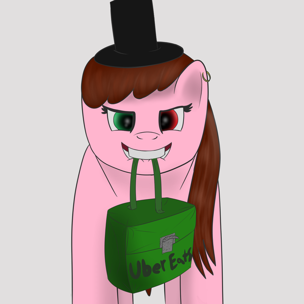 Size: 1400x1400 | Tagged: safe, artist:welderanon, derpibooru import, oc, oc:five bits, unofficial characters only, earth pony, pony, bag, belly, belly button, ear piercing, earring, female, hat, heterochromia, image, jewelry, lip bite, looking at you, mare, mouth hold, piercing, png, simple background, solo, staring at you, top hat, uber eats, white background