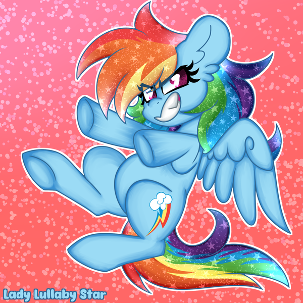 Size: 2000x2000 | Tagged: safe, artist:ladylullabystar, derpibooru import, rainbow dash, pegasus, pony, abstract background, ear fluff, eyelashes, female, flying, grin, image, mare, outline, png, signature, smiling, solo, sparkles, sparkly mane, sparkly tail, teeth