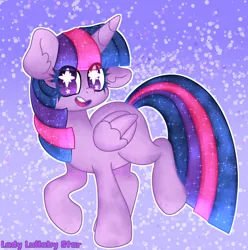 Size: 1968x1980 | Tagged: safe, artist:ladylullabystar, derpibooru import, twilight sparkle, twilight sparkle (alicorn), alicorn, pony, abstract background, cutie mark eyes, ear fluff, female, happy, image, mare, open smile, outline, png, raised hoof, signature, solo, sparkles, sparkly mane, sparkly tail, starry eyes, trotting, wingding eyes