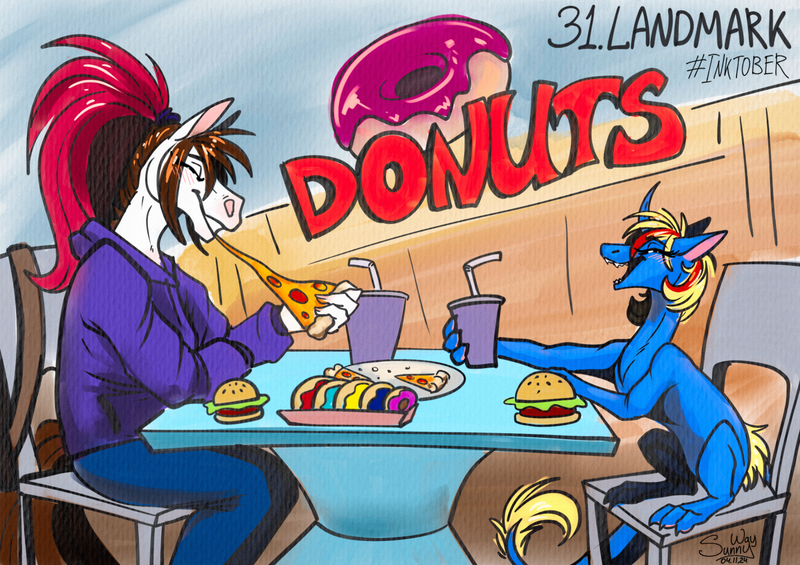 Size: 1600x1130 | Tagged: safe, artist:sunny way, derpibooru import, oc, oc:alirfesta felastis, oc:sunny way, anthro, horse, ki'rinaes, original species, pony, anthro horse, art, artwork, backpack, burger, digital art, donut, drink, duo, eating, fast food, female, food, furry, happy, image, inktober, inktober 2024, landmark, mare, open mouth, pizza, png, sketch, smiling, soda