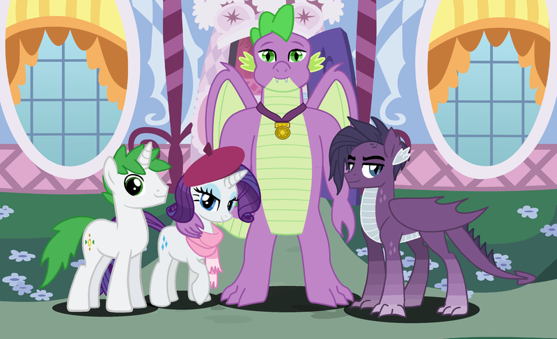 Size: 3064x1864 | Tagged: safe, artist:marbowsta, derpibooru import, rarity, spike, oc, oc:chrome steel, oc:zircon, dracony, dragon, hybrid, pony, unicorn, g4, adult, adult spike, base used, beret, carousel boutique, clothes, female, hat, horn, image, interspecies offspring, looking at you, male, offspring, older, older spike, outdoors, parent:rarity, parent:spike, parents:sparity, png, scarf, shipping, smiling, smiling at you, sparity, stallion, straight, winged spike, wings