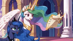 Size: 4416x2496 | Tagged: safe, ai content, derpibooru import, machine learning generated, prompter:bluetoothworld, princess celestia, princess luna, alicorn, pony, g4, duo, female, horn, image, jewelry, jpeg, letter, magic, mare, smiling, telekinesis, wings