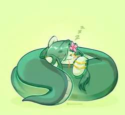 Size: 2154x1992 | Tagged: safe, artist:iamsmileo, derpibooru import, oc, oc:lamey, unofficial characters only, lamia, original species, pony, snake, snake pony, bracelet, coils, eyes closed, female, flower, flower in hair, forked tongue, gold bracelet, hair over one eye, image, jewelry, long mane, mare, onomatopoeia, png, sleeping, snakepony, snoring, solo, tongue out