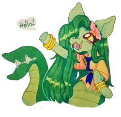 Size: 761x738 | Tagged: safe, artist:vampyrbats, derpibooru import, oc, oc:lamey, unofficial characters only, lamia, original species, pony, snake, snake pony, big ears, bracelet, clothes, fangs, female, gold bracelet, hair over one eye, image, jewelry, long mane, mare, necktie, png, silly, snakepony, solo, talking, text, traditional art, waving