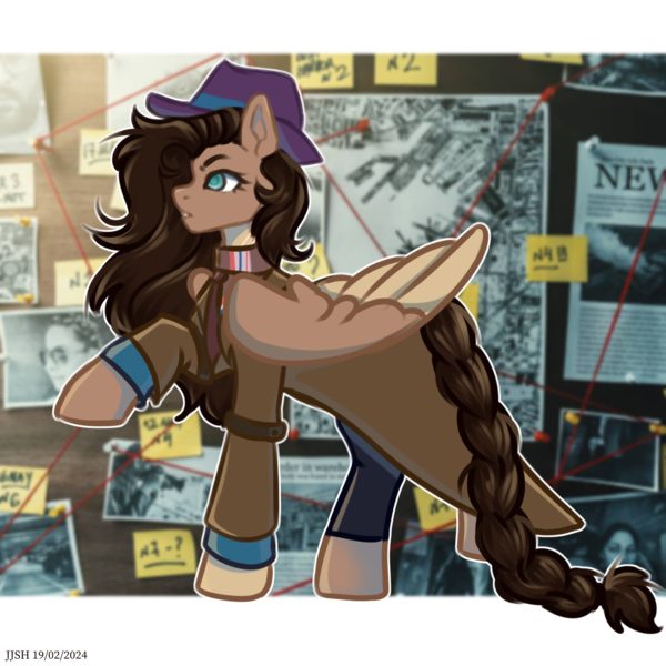 Size: 4134x4134 | Tagged: safe, artist:jjsh, derpibooru import, oc, oc:jennifer jones stars, unofficial characters only, pegasus, pony, birthmark, clothes, coat, detective, female, fluffy mane, hat, image, investigation, mare, newspaper, pigtails, png, raised hoof, scar, solo, tail, wings