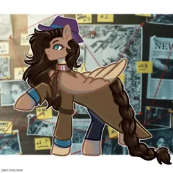 Size: 4134x4134 | Tagged: safe, artist:jjsh, derpibooru import, oc, oc:jennifer jones stars, unofficial characters only, pegasus, pony, birthmark, clothes, coat, detective, female, fluffy mane, hat, image, investigation, mare, newspaper, pigtails, png, raised hoof, scar, solo, tail, wings