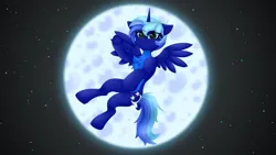 Size: 3840x2160 | Tagged: safe, artist:twinky, derpibooru import, oc, oc:night sky (polak23), unofficial characters only, alicorn, pony, alicorn oc, blue eyes, chest fluff, full moon, horn, image, looking at you, moon, png, sharp horn, smiling, solo, spread wings, wings