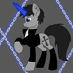 Size: 1500x1500 | Tagged: safe, artist:ruchiyoto, derpibooru import, oc, oc:black cross, unofficial characters only, pony, unicorn, boots, chains, clothes, ear piercing, horn, image, jewelry, jpeg, magic, male, necklace, piercing, shoes, simple background, solo, stallion