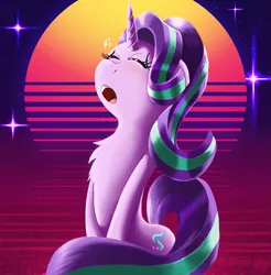 Size: 2117x2152 | Tagged: safe, artist:jphyperx, derpibooru import, starlight glimmer, pony, unicorn, g4, blushing, chest fluff, ecstasy, enjoying, eyes closed, horn, image, png, retrowave, stars, synthwave