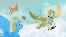 Size: 4545x2539 | Tagged: safe, artist:rexyseven, derpibooru import, oc, oc:beaky, unofficial characters only, gryphon, pegasus, pony, flying, image, kite, png