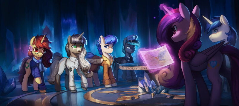 Size: 4866x2160 | Tagged: safe, artist:mrscroup, derpibooru import, princess cadance, shining armor, oc, oc:ardent kindheart, oc:midnight lancer, oc:obsidian limelight, oc:starlit beacon, alicorn, crystal pony, pegasus, pony, unicorn, equestria at war mod, g4, clothes, female, horn, image, jpeg, male, map, mare, stallion, uniform, wings