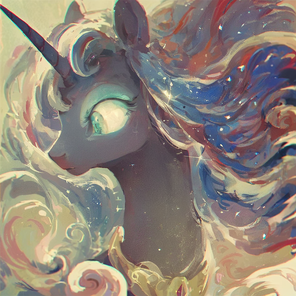 Size: 1024x1024 | Tagged: safe, ai content, derpibooru import, machine learning generated, prompter:anonymous, pony, black coat, chromatic aberration, ethereal mane, female, green eyes, image, looking down, mare, peytral, png, solo, starry mane