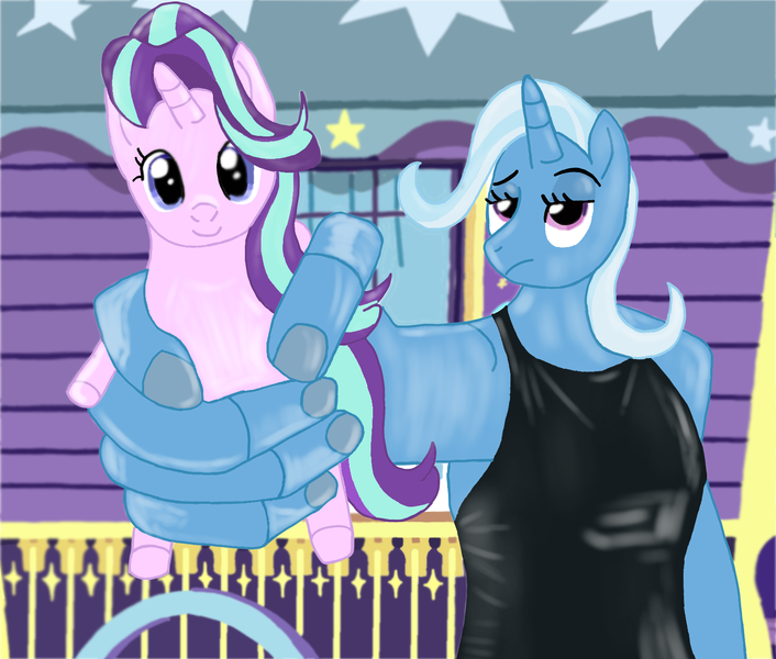 Size: 1584x1347 | Tagged: safe, artist:tiska, derpibooru import, starlight glimmer, trixie, human, pony, unicorn, g4, duo, duo female, female, holding a pony, horn, humanized, image, mare, png, trixie's wagon, wagon