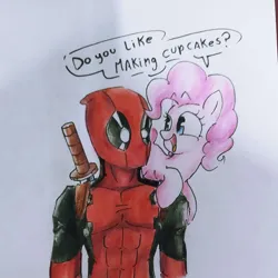 Size: 1080x1080 | Tagged: safe, artist:mirio_p2, derpibooru import, pinkie pie, g4, crossover, deadpool, image, marvel, open mouth, png, text, traditional art