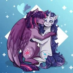 Size: 1700x1700 | Tagged: safe, artist:slapearl, derpibooru import, rarity, twilight sparkle, twilight sparkle (alicorn), alicorn, pony, unicorn, alternate hairstyle, blushing, cute, duo, duo female, eyes closed, eyeshadow, female, grin, horn, hug, image, jpeg, lesbian, lipstick, makeup, mare, one eye closed, raribetes, ship:rarilight, shipping, smiling, twiabetes, unshorn fetlocks, wink