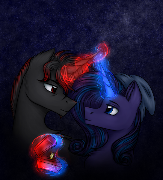 Size: 2601x2871 | Tagged: safe, artist:darklight1315, derpibooru import, oc, oc:decline, oc:mayday, unofficial characters only, pony, unicorn, fallout equestria, beanie, blue eyes, duo, engagement ring, fallout equestria: mayday, female, glow, glowing horn, hat, horn, image, jewelry, magic, magic aura, male, mare, mare and stallion, marriage proposal, night, png, pre-war, red eyes, ring, stallion, starry night, stars