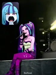 Size: 1411x1898 | Tagged: safe, artist:nekojackun, derpibooru import, aria blaze, sonata dusk, equestria girls, g4, belt, boots, clothes, denim, eyeshadow, female, image, jeans, lesbian, makeup, meme, microphone, open mouth, pants, png, screaming, screaming fan meme, ship:arisona, shipping, shirt, shoes