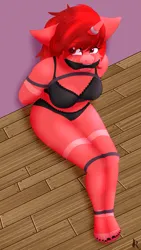 Size: 2153x3825 | Tagged: suggestive, artist:digiqrow, ponerpics import, oc, oc:lovebite, unofficial characters only, anthro, arm behind back, bondage, bra, breasts, cloth gag, clothes, feet, female, gag, image, jpeg, panties, rope, rope bondage, sitting, solo, solo female, toenails, toes, underwear