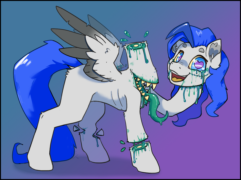 Size: 1254x941 | Tagged: semi-grimdark, artist:cattie, derpibooru import, oc, unofficial characters only, mimic, pegasus, pony, undead, zombie, zombie pony, decapitated, gradient background, heart, heart eyes, holding, image, looking at you, modular, open mouth, open smile, png, severed head, smiling, solo, wingding eyes