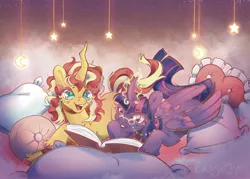 Size: 2048x1463 | Tagged: safe, artist:purranoiid, derpibooru import, sunset shimmer, twilight sparkle, twilight sparkle (alicorn), alicorn, pony, unicorn, book, cloud, curved horn, duo, female, glasses, glow, glowing horn, horn, image, jpeg, lesbian, lying down, mare, open mouth, open smile, pillow, pince-nez, prone, reading, shipping, smiling, sunsetsparkle