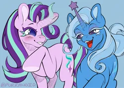 Size: 2048x1459 | Tagged: safe, artist:purranoiid, derpibooru import, starlight glimmer, trixie, pony, unicorn, curved horn, duo, female, grin, horn, image, jpeg, lesbian, looking at each other, looking at someone, mare, shipping, simple background, smiling, starry eyes, startrix, walking, wingding eyes