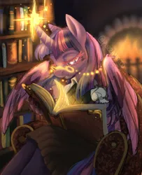 Size: 3250x4000 | Tagged: safe, artist:purranoiid, derpibooru import, twilight sparkle, twilight sparkle (alicorn), alicorn, anthro, unguligrade anthro, armchair, book, chair, clothes, female, fireplace, glasses, glow, glowing horn, high res, horn, image, jpeg, lidded eyes, pince-nez, reading, sitting, skirt, solo, starry eyes, wingding eyes