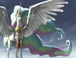 Size: 2269x1733 | Tagged: safe, artist:skoonzee, derpibooru import, princess celestia, alicorn, pony, blood, female, image, looking down, low angle, mare, png, raised hoof, solo, spread wings, violence, wings