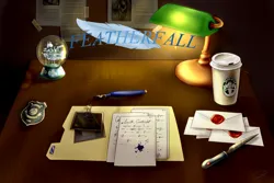 Size: 2592x1728 | Tagged: safe, artist:tzelly-el, derpibooru import, fanfic, fanfic:featherfall, badge, cloudsdale, coffee cup, cup, desk, desk lamp, fanfic art, fanfic cover, feather, folder, image, knife, lamp, letter, newspaper, paper, pen, photo, png, snow globe, text