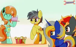 Size: 2000x1255 | Tagged: safe, artist:trackheadtherobopony, derpibooru import, oc, oc:goldheart, oc:hemi blaze, oc:thunder (fl), oc:trixie blaze, alicorn, pegasus, pony, robot, robot pony, birthday, cake, food, image, not daring do, png, present