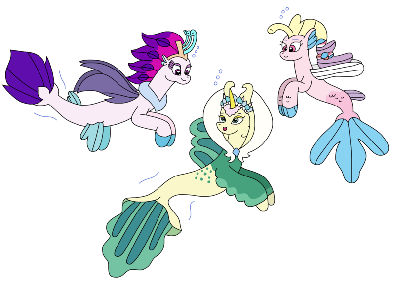 Size: 2912x2083 | Tagged: safe, artist:supahdonarudo, derpibooru import, queen novo, seapony (g4), g4, g5, my little pony: the movie, bubble, clothes, crown, destiny (g5), dorsal fin, dress, female, fin, fin wings, fins, fish tail, flowing mane, flowing tail, generation leap, hairpin, horn, image, jewelry, looking at each other, looking at someone, necklace, ocean, pearl necklace, png, queen calla lily, regalia, simple background, smiling, smiling at each other, swimming, tail, transparent background, underwater, water, wings