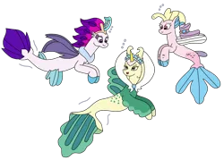 Size: 2912x2083 | Tagged: safe, artist:supahdonarudo, derpibooru import, queen novo, seapony (g4), g4, g5, my little pony: the movie, bubble, clothes, crown, destiny (g5), dorsal fin, dress, female, fin, fin wings, fins, fish tail, flowing mane, flowing tail, generation leap, hairpin, horn, image, jewelry, looking at each other, looking at someone, necklace, ocean, pearl necklace, png, queen calla lily, regalia, simple background, smiling, smiling at each other, swimming, tail, transparent background, underwater, water, wings