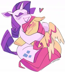 Size: 1053x1163 | Tagged: safe, artist:wolberdan, derpibooru import, fluttershy, rarity, pegasus, unicorn, cuddling, female, flarity, heart, horn, image, jpeg, lesbian, shipping, smiling