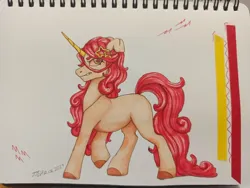 Size: 1280x961 | Tagged: safe, artist:jjsh, derpibooru import, oc, unofficial characters only, pony, unicorn, evil, female, horn, image, jpeg, long tail, mare, marker drawing, sketchbook, solo, tail, traditional art