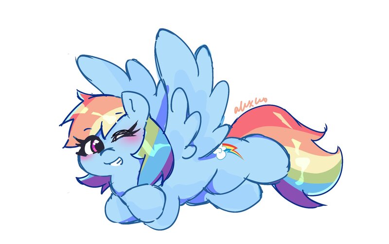 Size: 2048x1287 | Tagged: safe, artist:leo19969525, derpibooru import, rainbow dash, pegasus, pony, g4, blushing, crossed arms, cute, dashabetes, female, grin, image, jpeg, looking at you, lying down, mare, one eye closed, prone, simple background, smiling, solo, spread wings, white background, wings, wink, winking at you