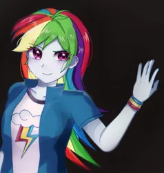 Size: 1068x1124 | Tagged: safe, artist:pulse, derpibooru import, rainbow dash, human, equestria girls, g4, black background, clothes, cutie mark, cutie mark on clothes, eye clipping through hair, female, image, jacket, jpeg, shirt, simple background, smiling, solo, t-shirt