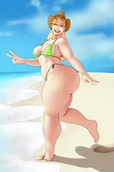 Size: 1717x2585 | Tagged: suggestive, artist:sundown, banned from derpibooru, deleted from derpibooru, derpibooru import, applejack, human, equestria girls, g4, applebucking thighs, applebutt, applejack's hat, applejacked, ass, barefoot, beach, big breasts, bikini, breasts, busty applejack, butt, clothes, cowboy hat, extra thicc, eyes closed, feet, female, freckles, fruit, green bikini, green bikini bottom, green bikini top, green bra, green panties, green underwear, happy, hat, huge butt, humanized, image, jacqueline applebuck, large butt, looking at you, muscles, my little pony equestria girls: better together, outdoors, paywall content, peace sign, png, smiling, solo, solo female, stupid sexy applejack, swimsuit, the ass was fat, thighs, thunder thighs, tooth gap, underwear, wide hips