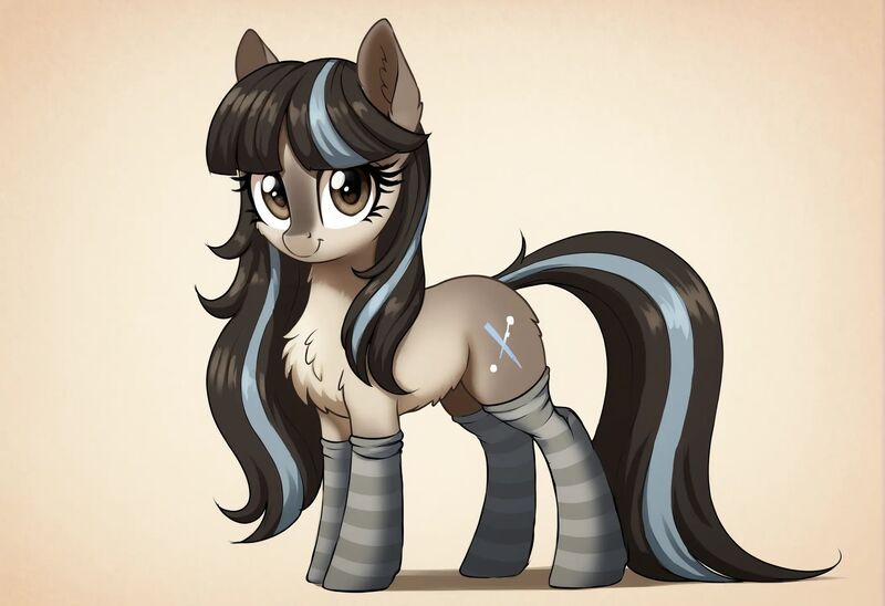 Size: 2104x1440 | Tagged: safe, ai content, derpibooru import, machine learning generated, stable diffusion, oc, oc:cold shoulder, unofficial characters only, pony, taiga pony, g4, chest fluff, clothes, cute, female, full body, generator:pony diffusion v6 xl, image, jpeg, looking at you, mare, prompter:siber, simple background, smiling, smiling at you, socks, standing, striped socks, tan background