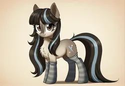 Size: 2104x1440 | Tagged: safe, ai content, derpibooru import, machine learning generated, stable diffusion, oc, oc:cold shoulder, unofficial characters only, pony, taiga pony, g4, chest fluff, clothes, cute, female, full body, generator:pony diffusion v6 xl, image, jpeg, looking at you, mare, prompter:siber, simple background, smiling, smiling at you, socks, standing, striped socks, tan background