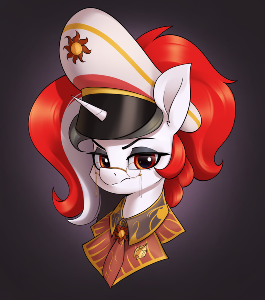 Size: 2125x2400 | Tagged: safe, artist:aquaticvibes, derpibooru import, oc, oc:red rocket, unofficial characters only, pony, unicorn, equestria at war mod, badge, clothes, collar, glasses, hat, horn, image, looking at you, necktie, peaked cap, png, ponytail, solo, unicorn oc