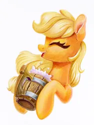 Size: 900x1200 | Tagged: safe, artist:maytee, derpibooru import, part of a set, applejack, earth pony, pony, g4, apple cider, cider, cider mug, colored pencil drawing, eyes closed, female, hatless, image, mare, missing accessory, mug, open mouth, open smile, png, simple background, smiling, solo, traditional art, white background