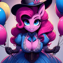 Size: 1024x1024 | Tagged: safe, ai content, derpibooru import, machine learning generated, prompter:glimmy-glam, pinkie pie, anthro, g4, balloon, breasts, busty pinkie pie, cleavage, clothes, corset, dress, female, freckles, generator:bing image creator, generator:dall-e 3, gloves, hat, holding, image, jpeg, looking at you, necktie, puffy sleeves, saloon dress, saloon pinkie, smiling, solo, western